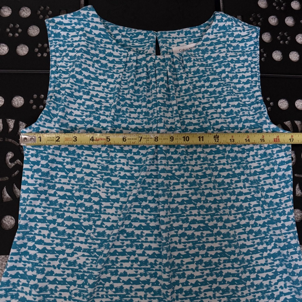 Calvin Klein Womens Teal White Abstract Print Pleated Neck Sleeveless Blouse L - Picture 8 of 10
